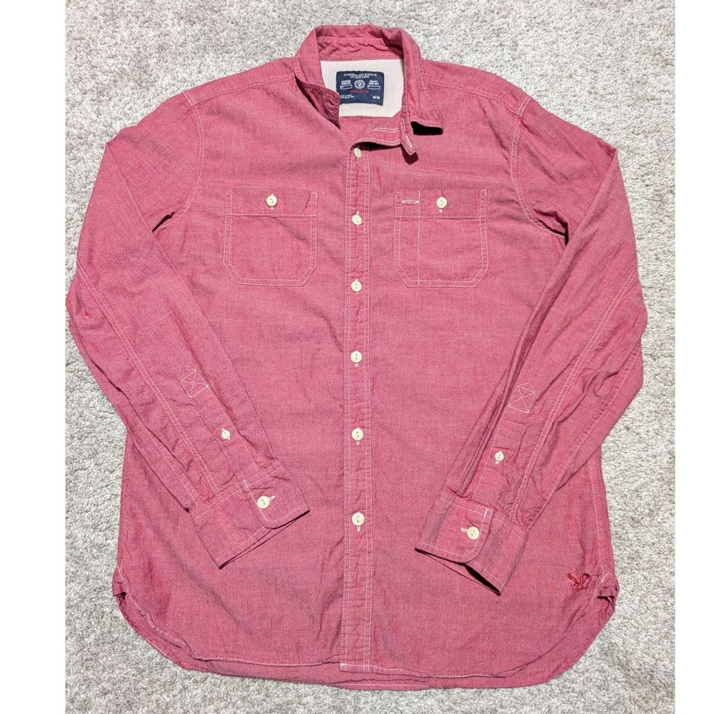 American Eagle Shirt Mens Medium Red Athletic Fit Button Down Long Sleeve Cotton